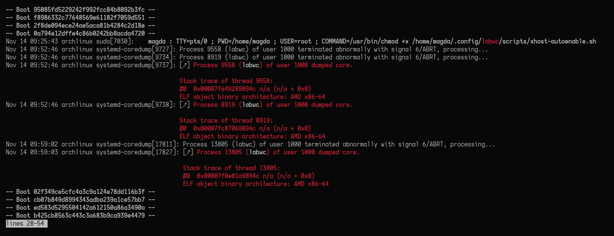 Screenshot of systemd-coredump messages