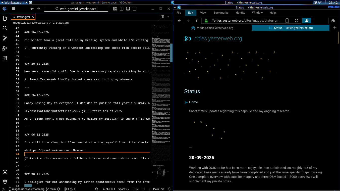 A manual diff of my status gemtext. Local copy
								on the left, the backup provided by Yesterweb on the right.